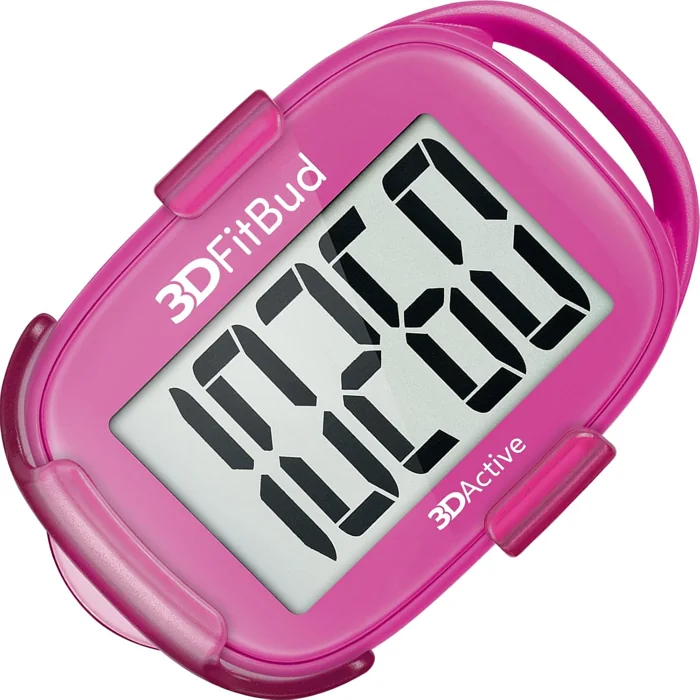 3DFitBud Simple Step Counter in pink with a large digital step display