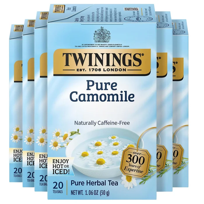Six boxes of Twinings Pure Camomile herbal tea, 20 tea bags each