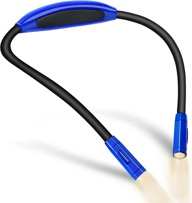 Vekkia neck reading light in blue with two flexible arms and LED heads